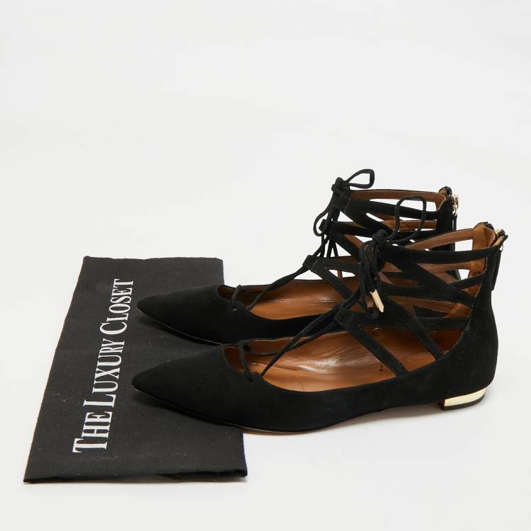 Pre Owned Aquazzura Black Suede Dancer Lace-Up Ballet Flats Size 38