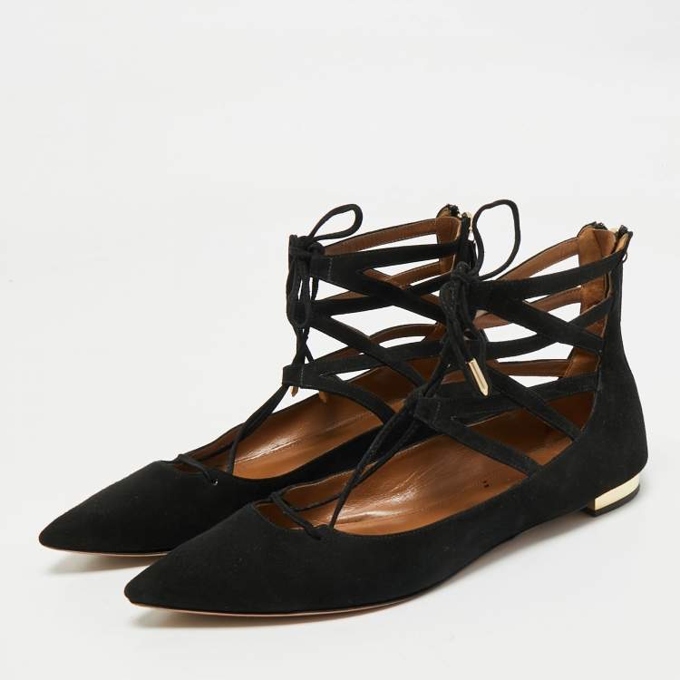 Pre Owned Aquazzura Black Suede Dancer Lace-Up Ballet Flats Size 38