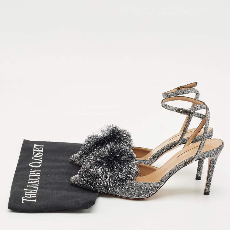 Pre Owned Aquazzura Silver Metallic Lurex Fabric Powder Puff Ankle Strap Sandals Size 38