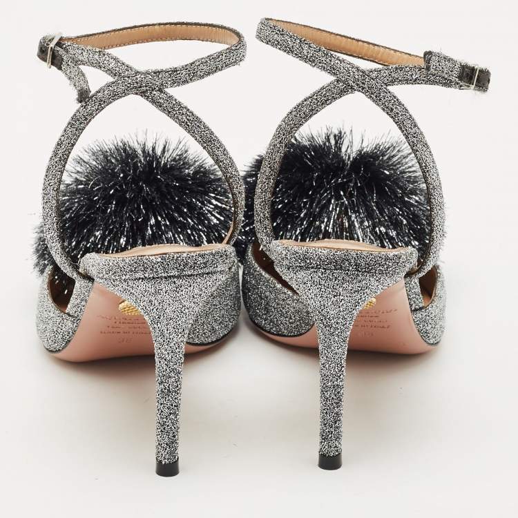 Pre Owned Aquazzura Silver Metallic Lurex Fabric Powder Puff Ankle Strap Sandals Size 38
