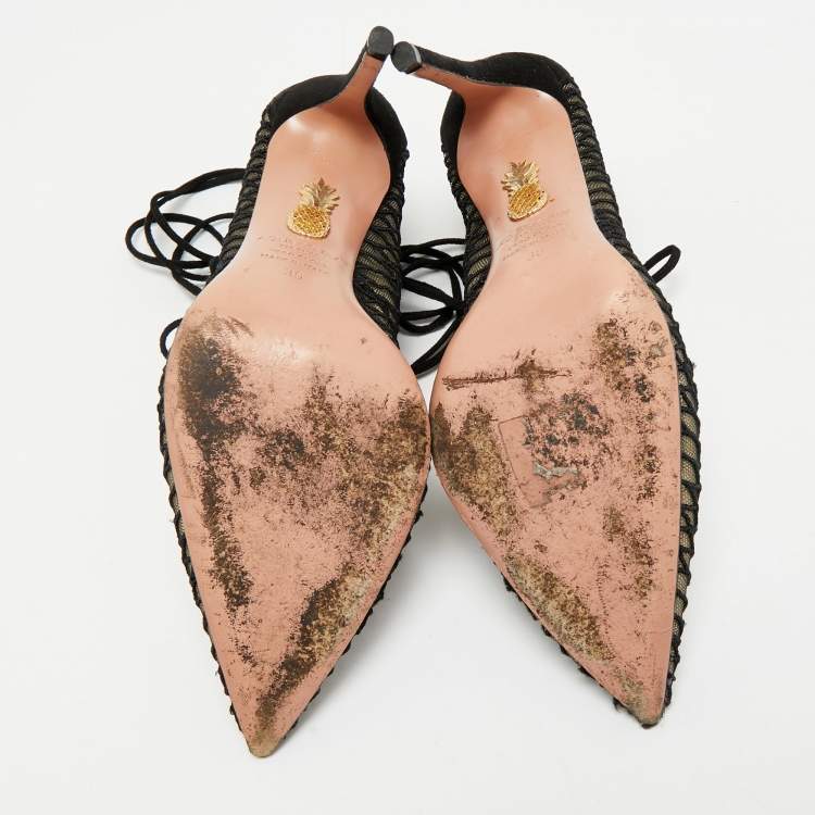 Pre Owned Aquazzura Black Suede and Mesh Ankle Tie Boots Size 36