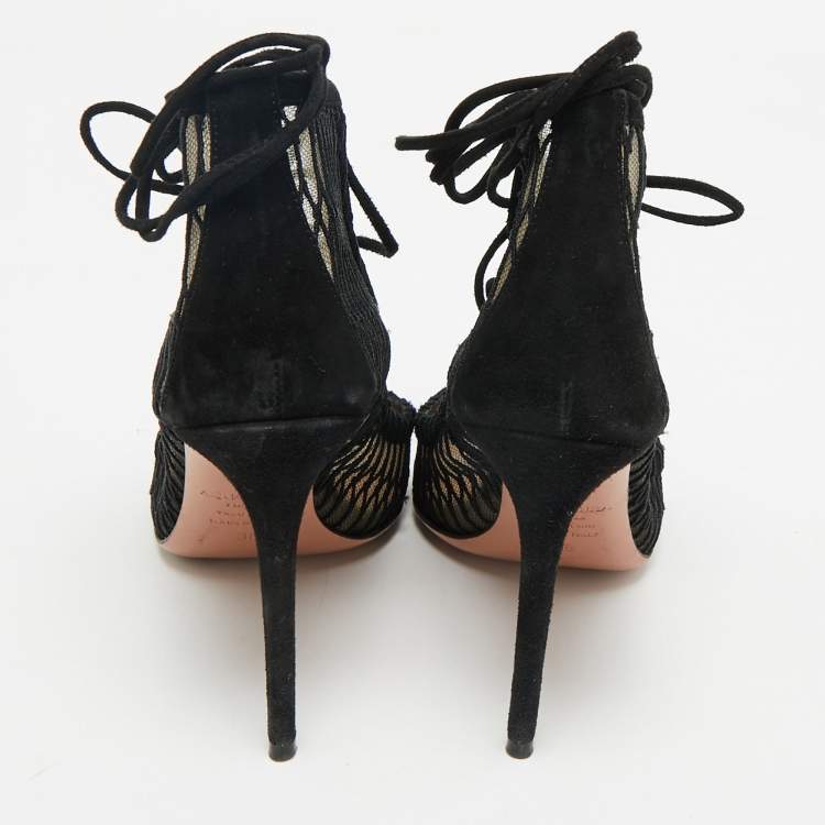 Pre Owned Aquazzura Black Suede and Mesh Ankle Tie Boots Size 36