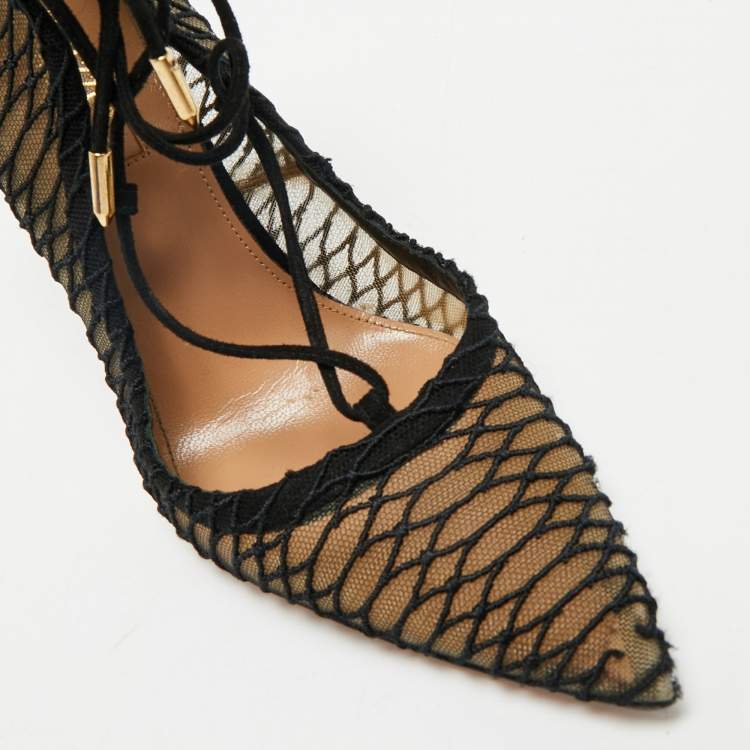 Pre Owned Aquazzura Black Suede and Mesh Ankle Tie Boots Size 36