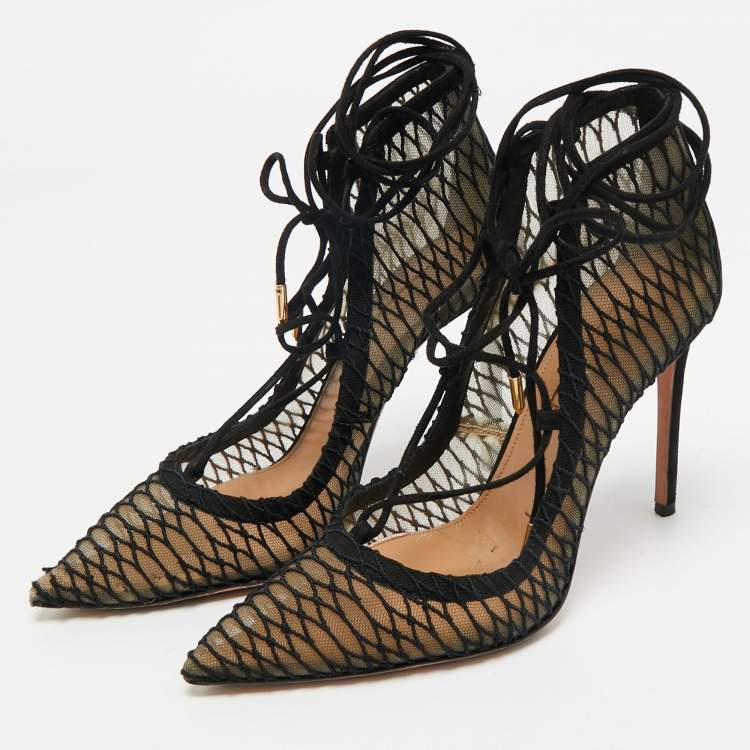 Pre Owned Aquazzura Black Suede and Mesh Ankle Tie Boots Size 36