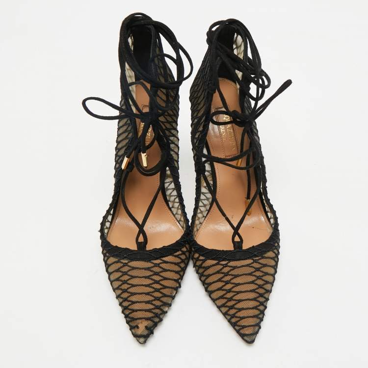 Pre Owned Aquazzura Black Suede and Mesh Ankle Tie Boots Size 36