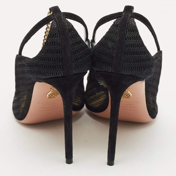 Pre Owned Aquazzura Black Mesh And Suede Bond Street Ankle Chain Pointed Toe Pumps Size 38