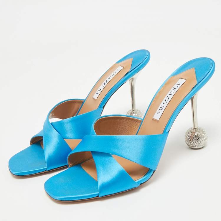 Pre Owned Aquazzura Blue Satin Darling Slide Sandals Size 41