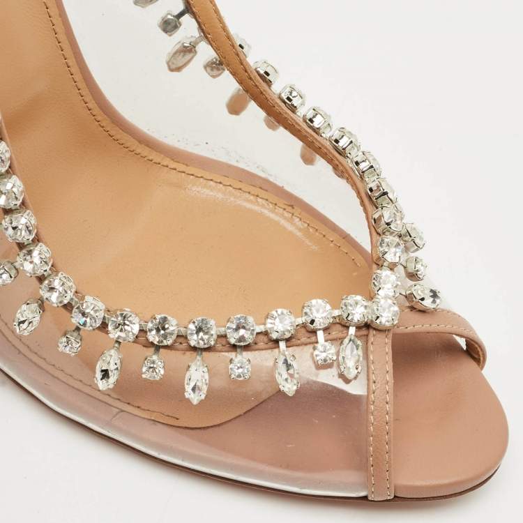 Pre Owned Aquazzura Beige Leather and PVC Temptation Slingback Sandals Size 41