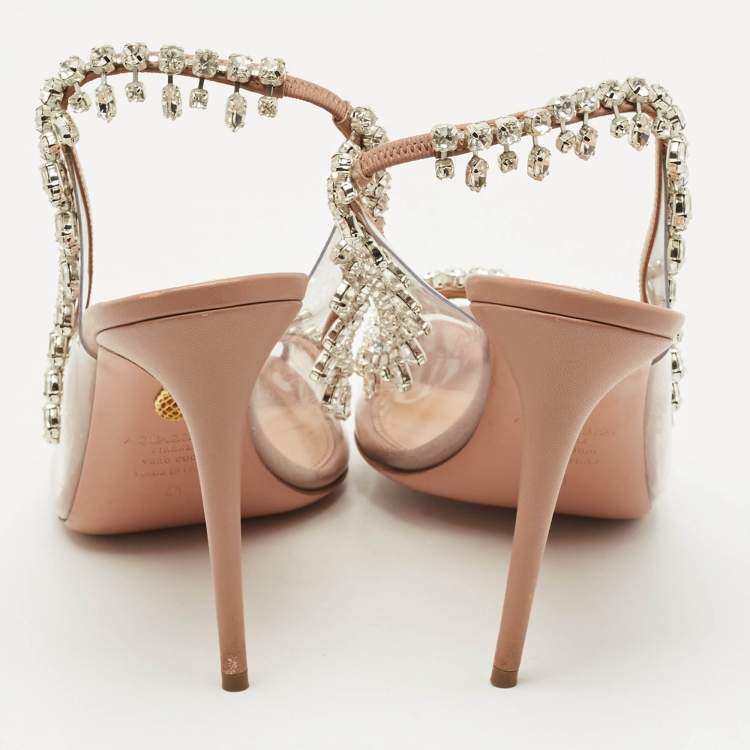 Pre Owned Aquazzura Beige Leather and PVC Temptation Slingback Sandals Size 41