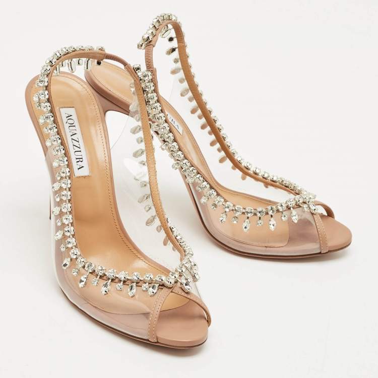 Pre Owned Aquazzura Beige Leather and PVC Temptation Slingback Sandals Size 41
