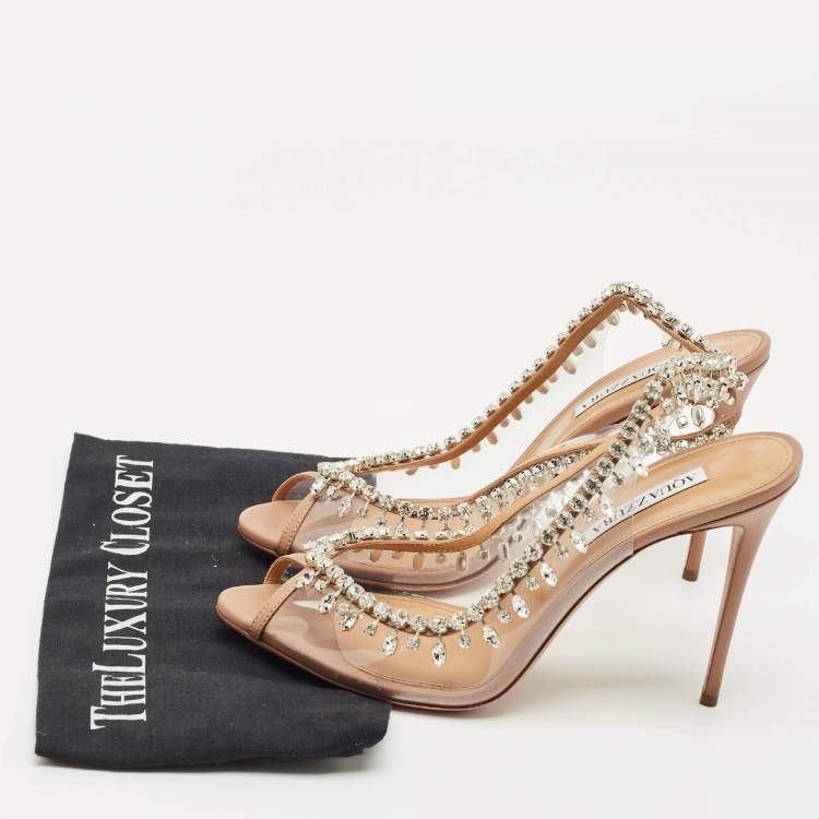 Pre Owned Aquazzura Beige Leather and PVC Temptation Slingback Sandals Size 41