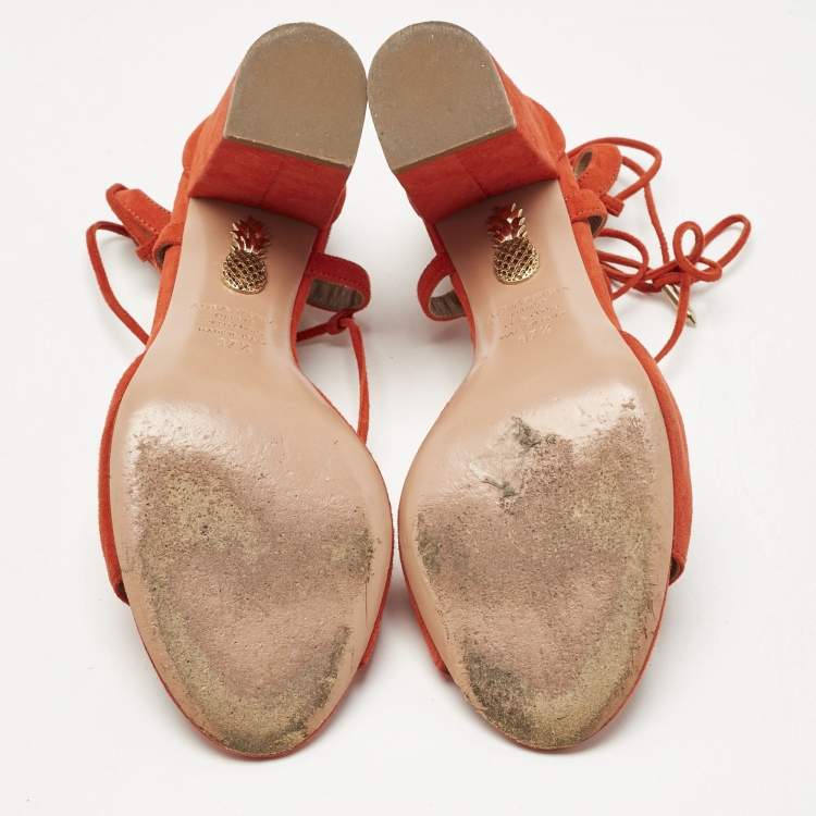 Pre Owned Aquazzura Orange Suede Ankle Strap Block Heel Sandals Size 37.5