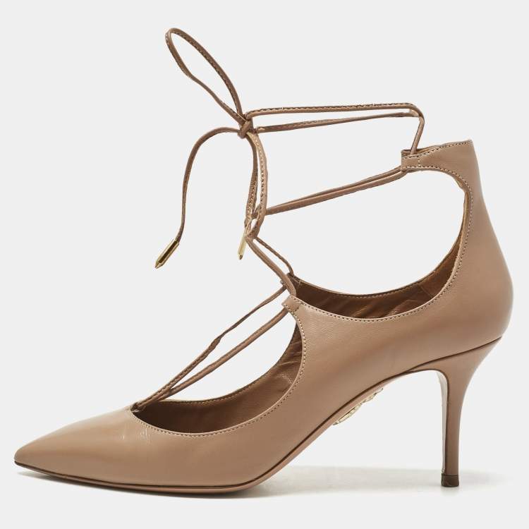 Pre Owned Aquazzura Beige Leather Christy Lace Ankle Wrap Pumps Size 37.5
