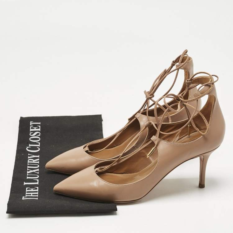 Pre Owned Aquazzura Beige Leather Christy Lace Ankle Wrap Pumps Size 37.5