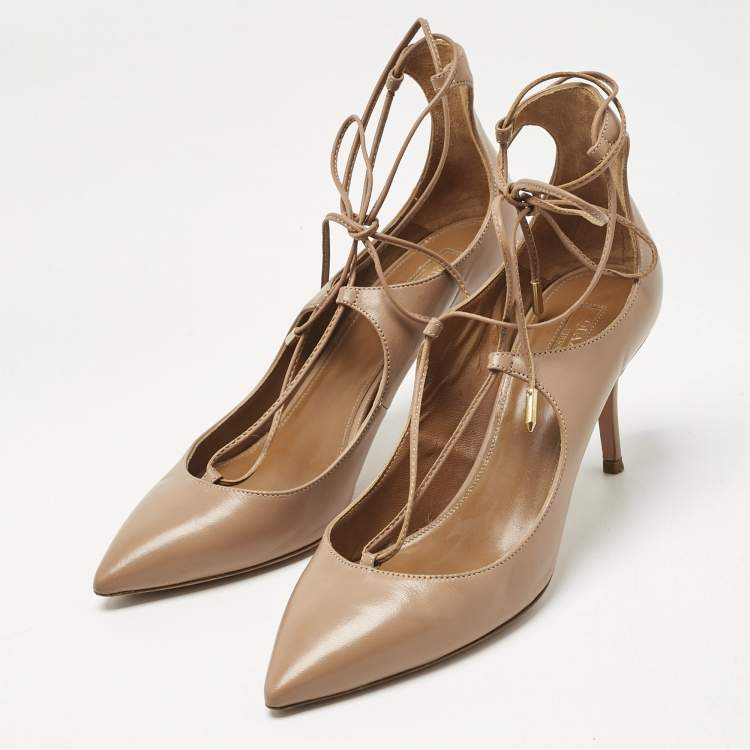 Pre Owned Aquazzura Beige Leather Christy Lace Ankle Wrap Pumps Size 37.5