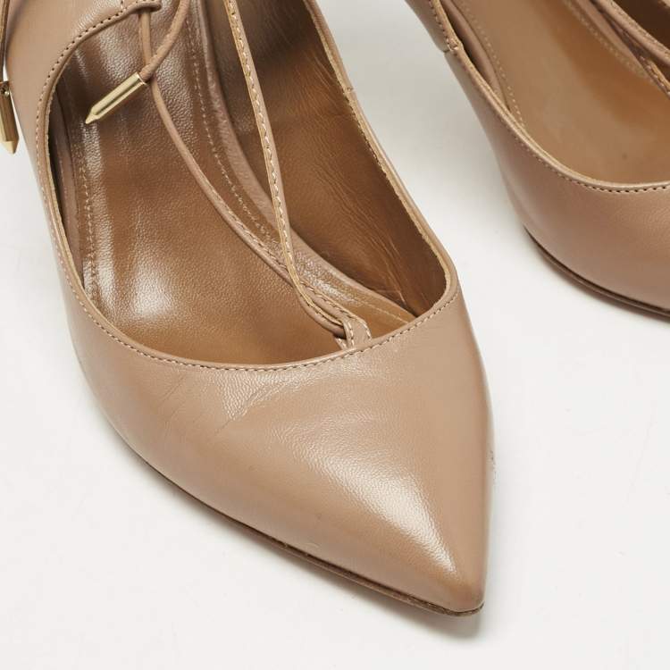 Pre Owned Aquazzura Beige Leather Christy Lace Ankle Wrap Pumps Size 37.5