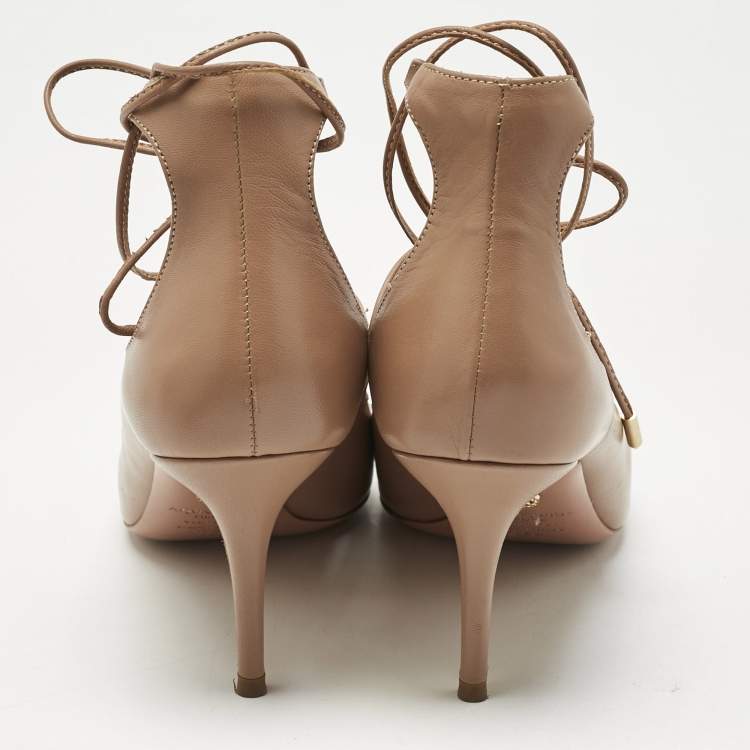 Pre Owned Aquazzura Beige Leather Christy Lace Ankle Wrap Pumps Size 37.5