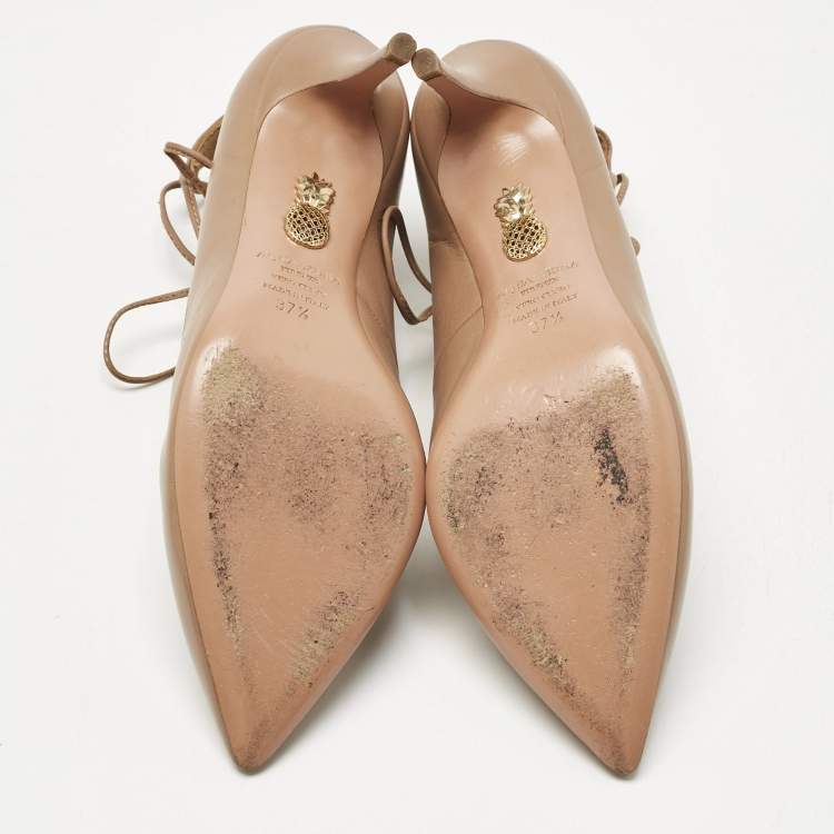 Pre Owned Aquazzura Beige Leather Christy Lace Ankle Wrap Pumps Size 37.5