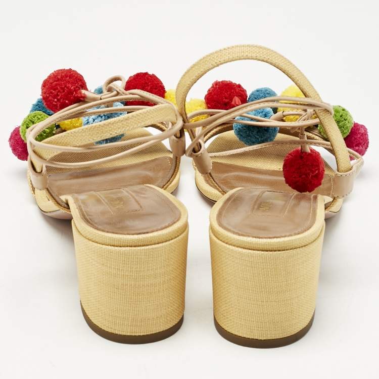 Pre Owned Aquazzura Multicolor Raffia Pom Pom Thong Ankle Tie Sandals Size 37