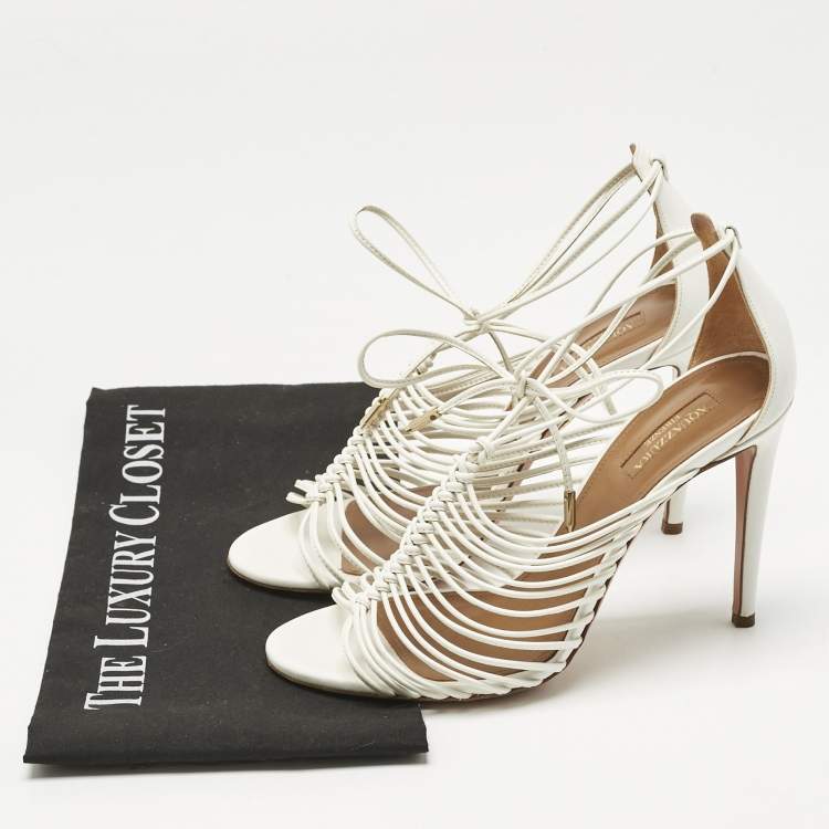 Pre Owned Aquazzura White  Leather Nadja Strappy Ankle Wrap Sandals Size 37.5