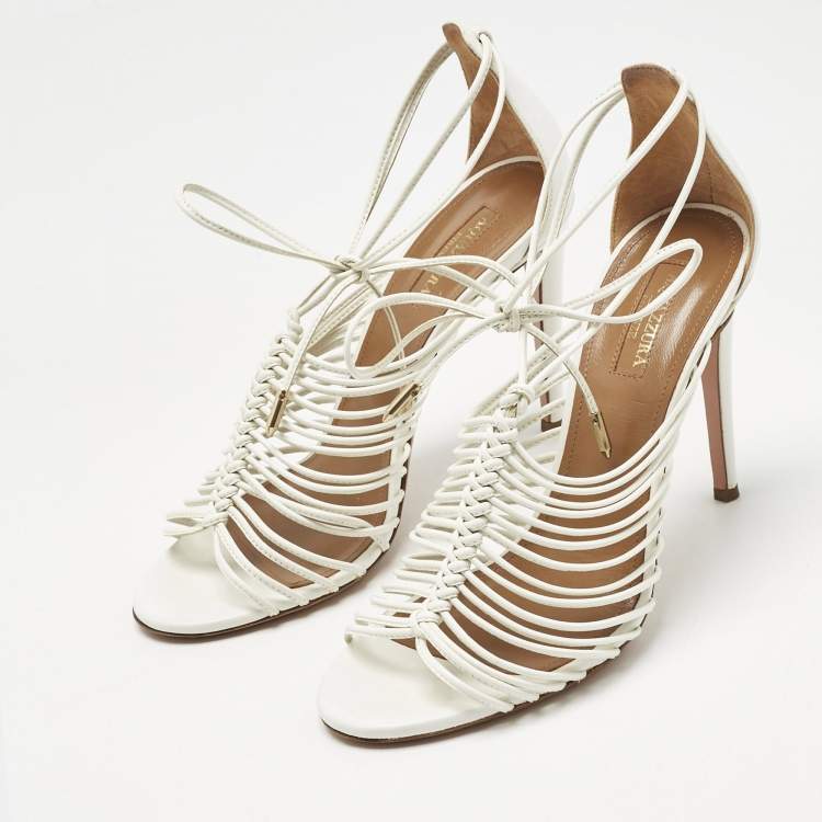 Pre Owned Aquazzura White  Leather Nadja Strappy Ankle Wrap Sandals Size 37.5