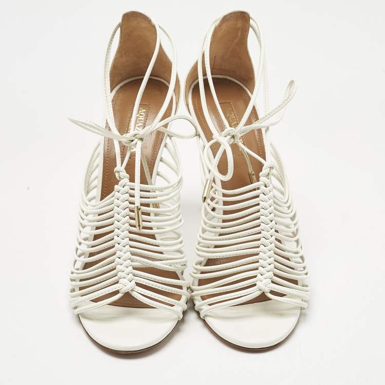 Pre Owned Aquazzura White  Leather Nadja Strappy Ankle Wrap Sandals Size 37.5