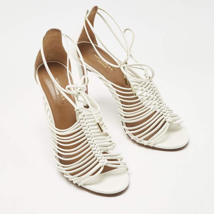 Pre Owned Aquazzura White  Leather Nadja Strappy Ankle Wrap Sandals Size 37.5