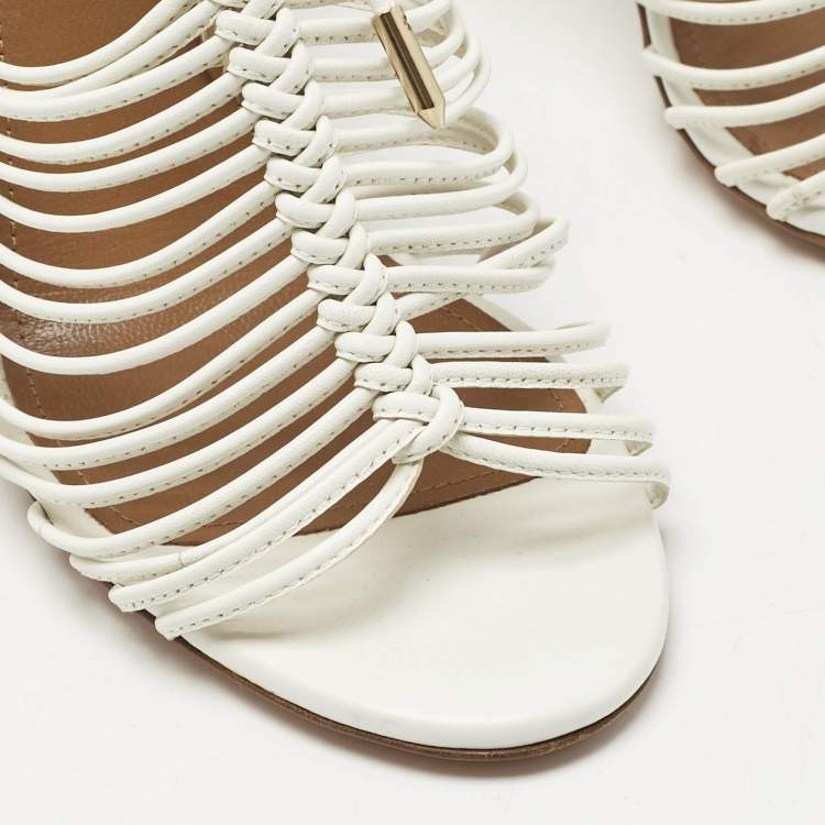 Pre Owned Aquazzura White  Leather Nadja Strappy Ankle Wrap Sandals Size 37.5