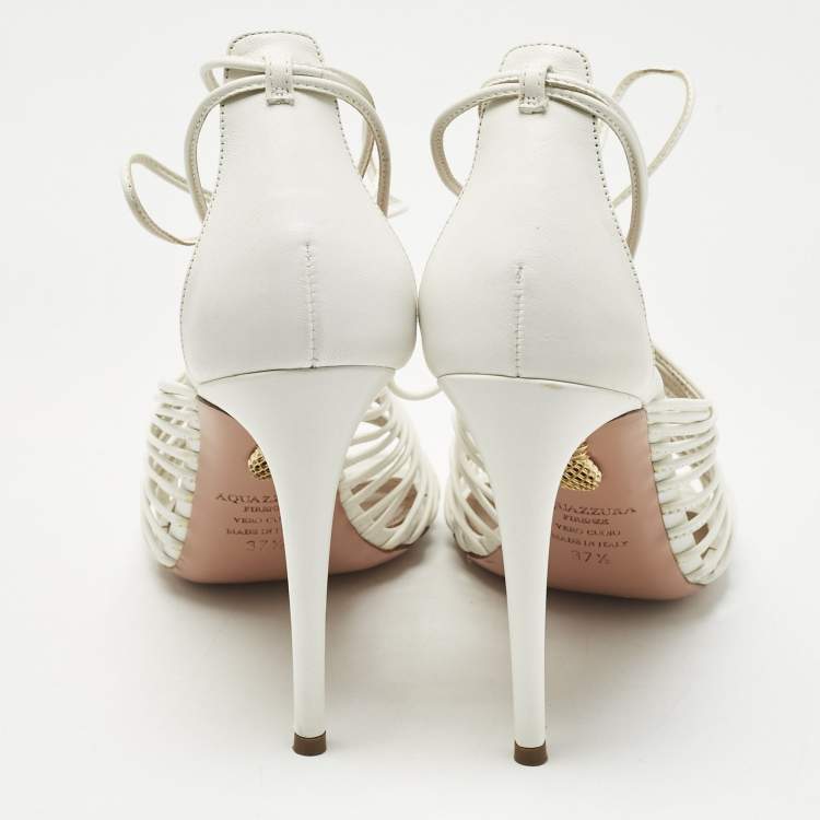Pre Owned Aquazzura White  Leather Nadja Strappy Ankle Wrap Sandals Size 37.5