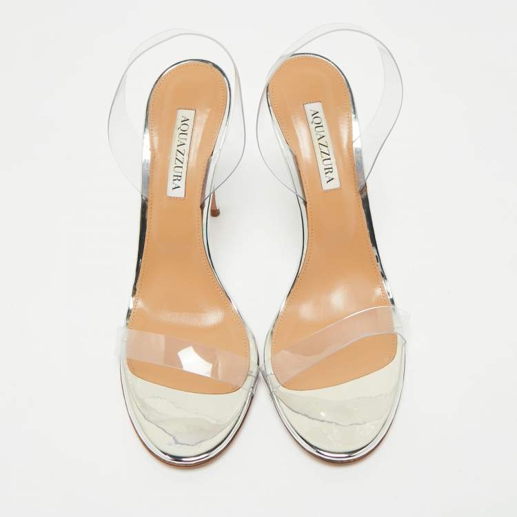 Pre Owned Aquazzura Silver PVC So Nude Slingback Sandals Size 40