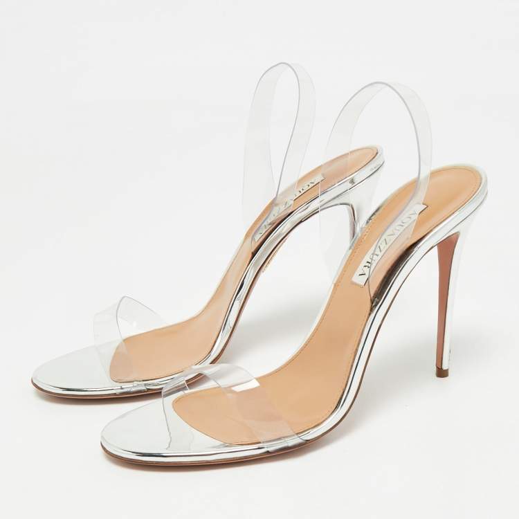 Pre Owned Aquazzura Silver PVC So Nude Slingback Sandals Size 40