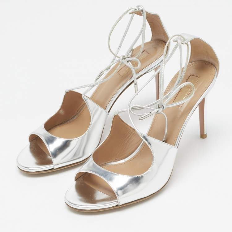 Pre Owned Aquazzura Silver Leather Sofia Ankle Wrap Sandals Size 39