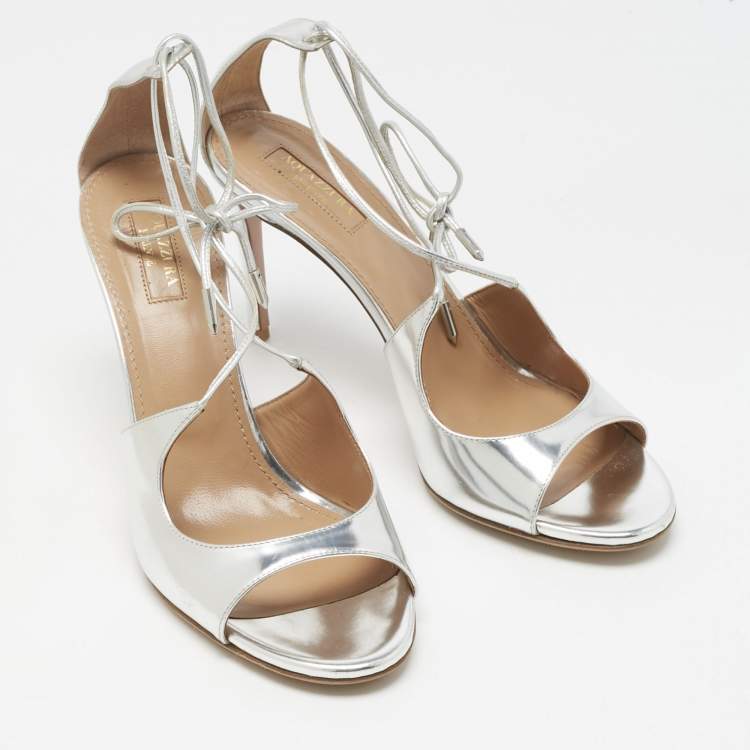 Pre Owned Aquazzura Silver Leather Sofia Ankle Wrap Sandals Size 39
