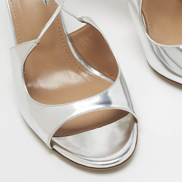 Pre Owned Aquazzura Silver Leather Sofia Ankle Wrap Sandals Size 39