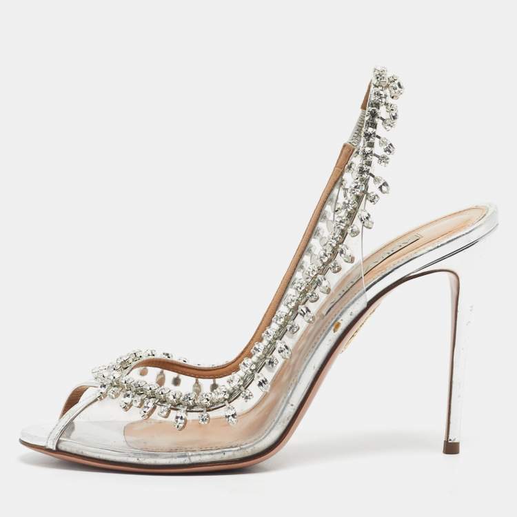 Pre Owned Aquazzura Silver PVC Temptation Peep Toe Pumps Size 39.5
