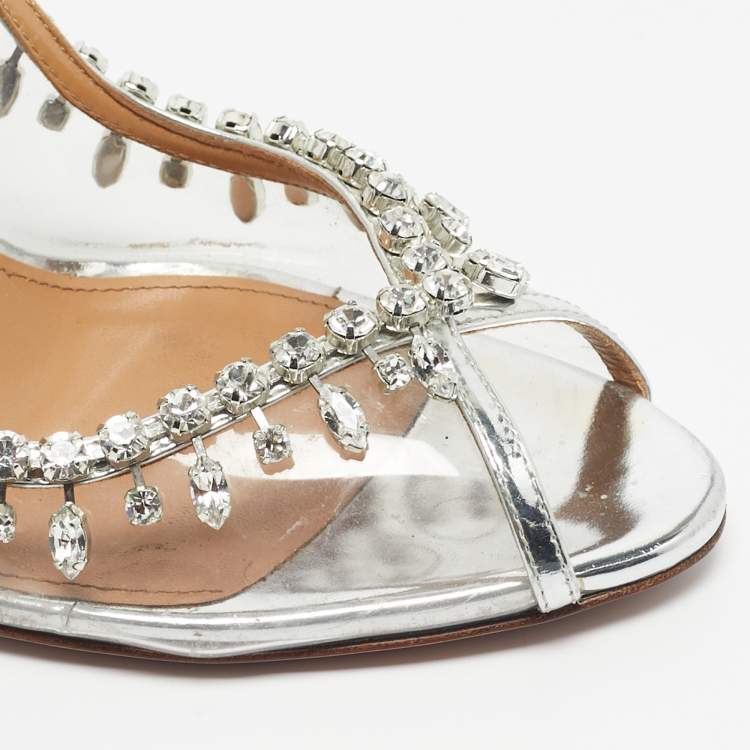 Pre Owned Aquazzura Silver PVC Temptation Peep Toe Pumps Size 39.5