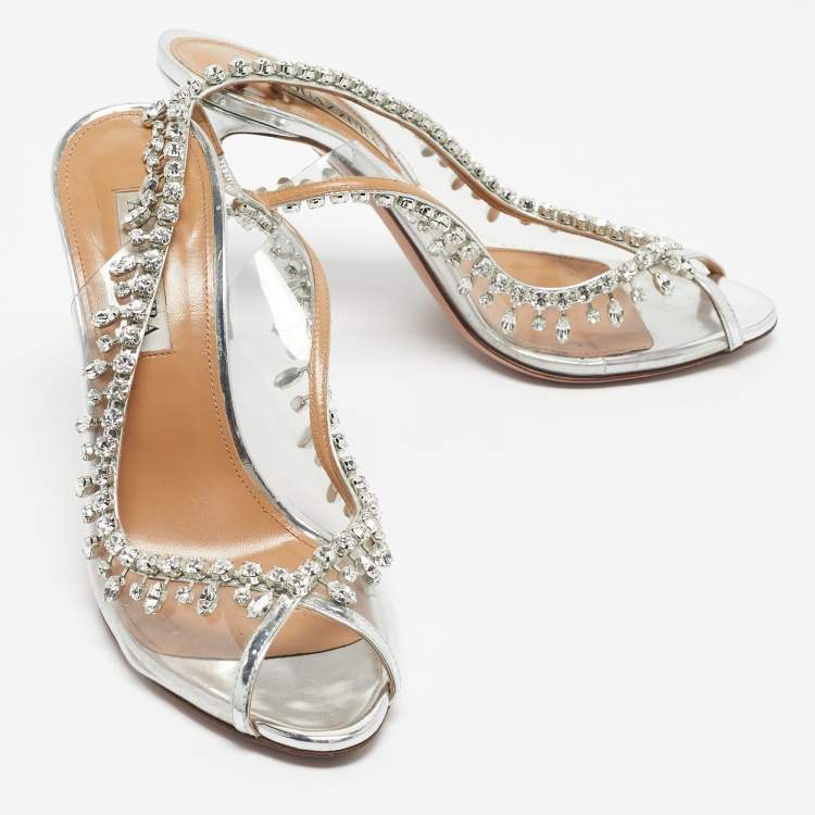 Pre Owned Aquazzura Silver PVC Temptation Peep Toe Pumps Size 39.5