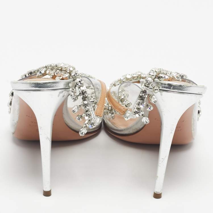 Pre Owned Aquazzura Silver PVC Temptation Peep Toe Pumps Size 39.5