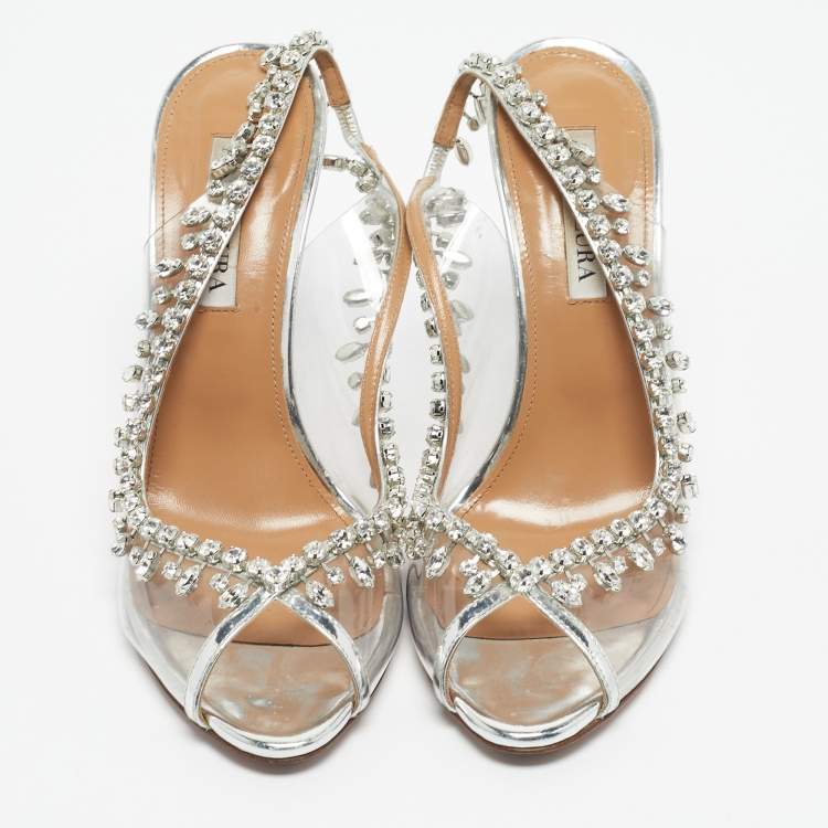 Pre Owned Aquazzura Silver PVC Temptation Peep Toe Pumps Size 39.5