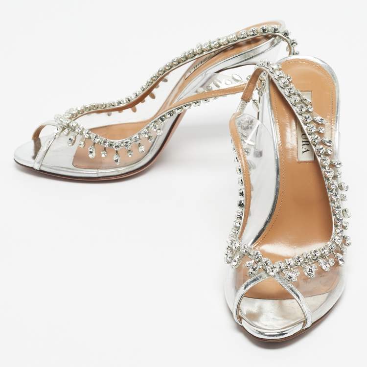 Pre Owned Aquazzura Silver PVC Temptation Peep Toe Pumps Size 39.5