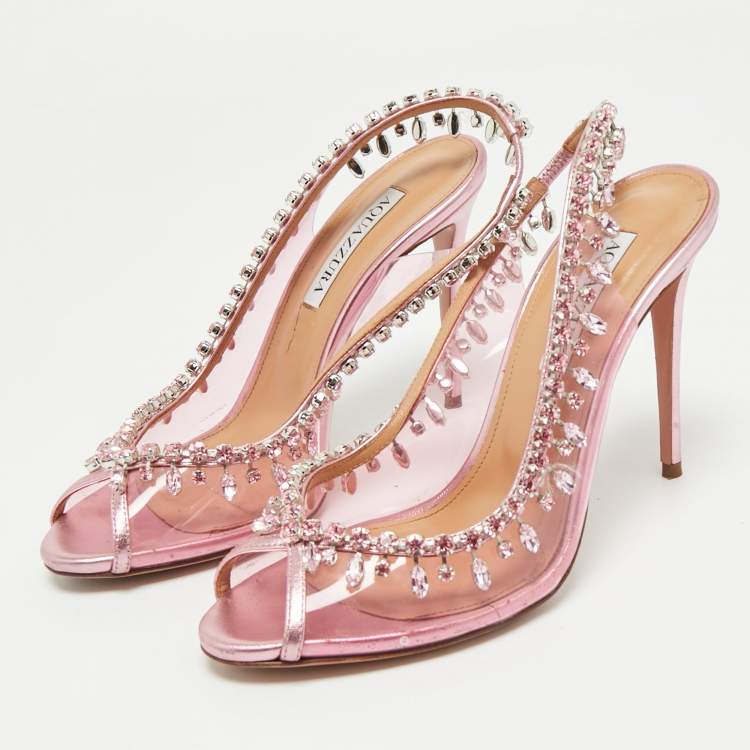 Pre Owned Aquazzura Rose Pink Leather and PVC Temptation Slingback Pumps Size 38