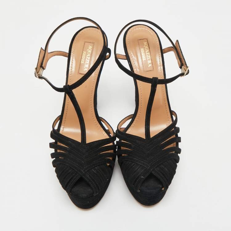Pre Owned Aquazzura Black Suede Platform Ankle Strap Sandals Size 38.5