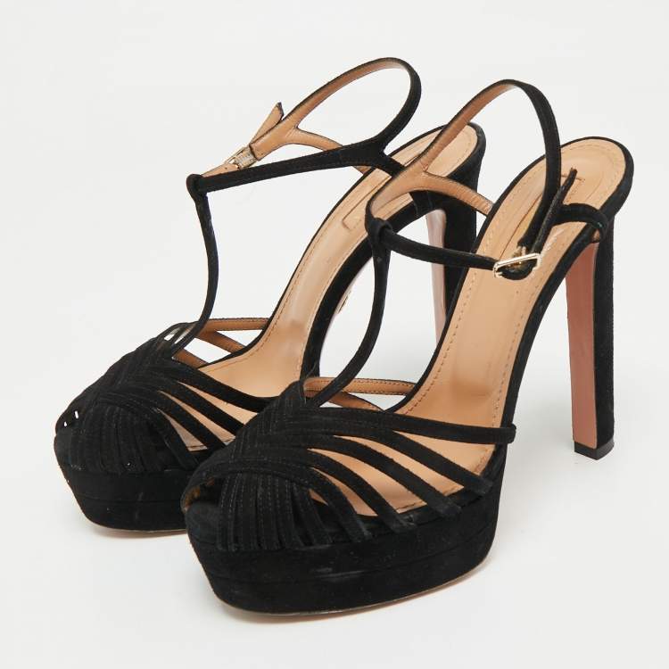Pre Owned Aquazzura Black Suede Platform Ankle Strap Sandals Size 38.5
