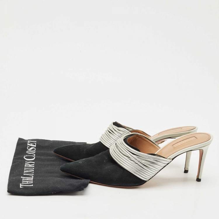 Pre Owned Aquazzura Black/Silver Suede and Leather Rendez  Vous Mules Size 42