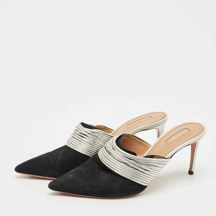 Pre Owned Aquazzura Black/Silver Suede and Leather Rendez  Vous Mules Size 42