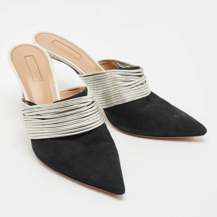 Pre Owned Aquazzura Black/Silver Suede and Leather Rendez  Vous Mules Size 42