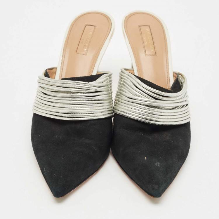 Pre Owned Aquazzura Black/Silver Suede and Leather Rendez  Vous Mules Size 42