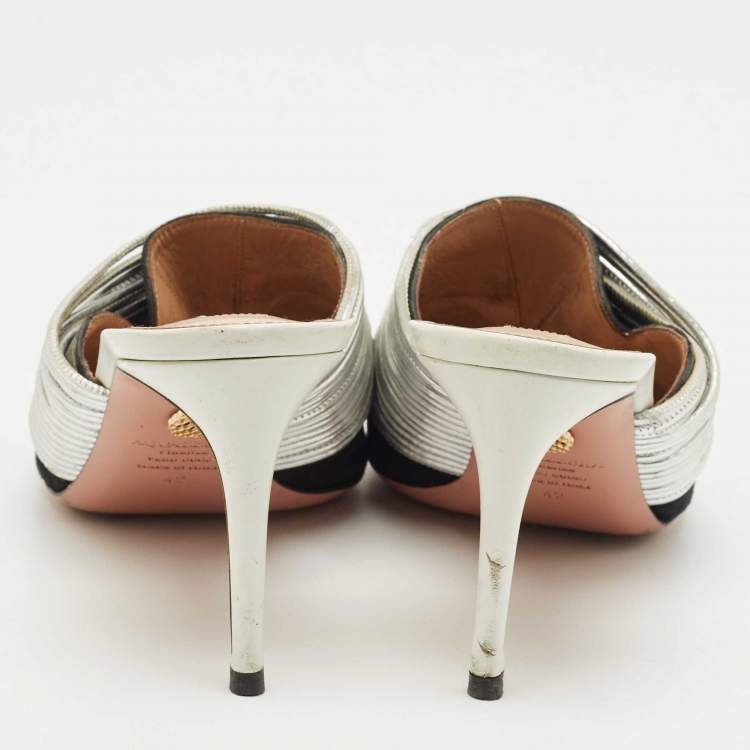 Pre Owned Aquazzura Black/Silver Suede and Leather Rendez  Vous Mules Size 42