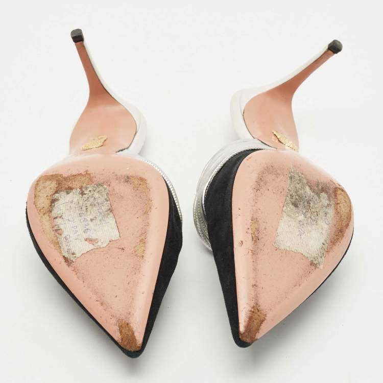 Pre Owned Aquazzura Black/Silver Suede and Leather Rendez  Vous Mules Size 42
