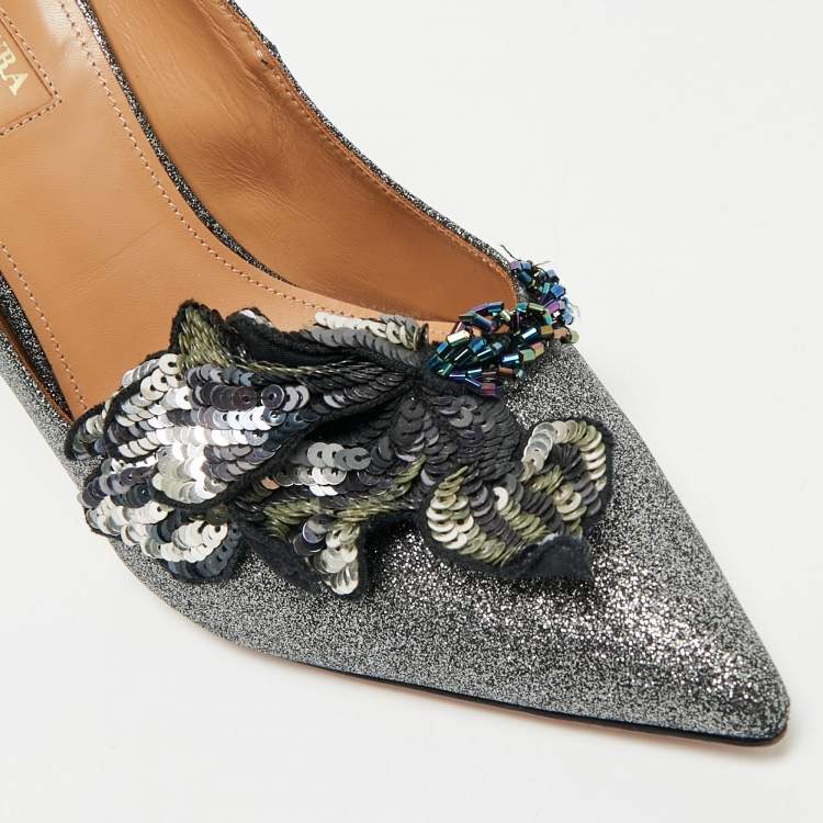 Pre Owned Aquazzura Grey Glitter Leather Poison Embellished Pumps Size 38.5
